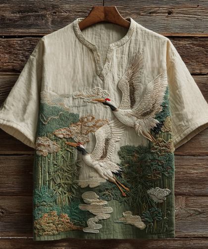 Men's Vintage Cranes And Bamboo Japanese Art Embroidery Casual Shirt