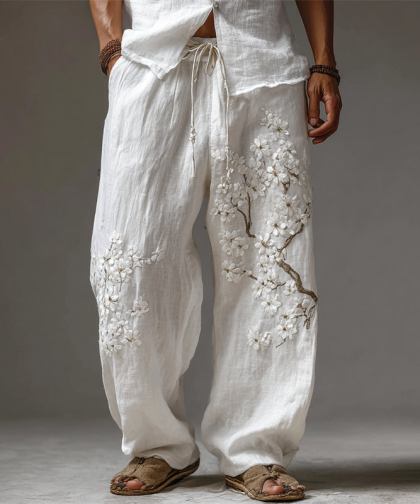 Men's Japanese Almond Blossom Flowy Linen Wide Leg Pants