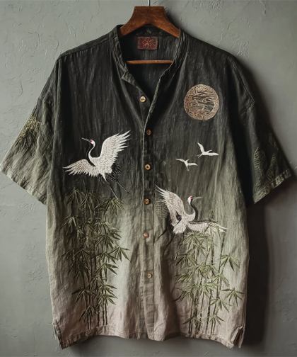 Japanese Cranes & Bamboo Full Moon Night Gradient Linen Shirt