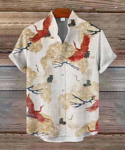Japanese Crane Vintage Art Men's Linen Short Sleeve Shirt