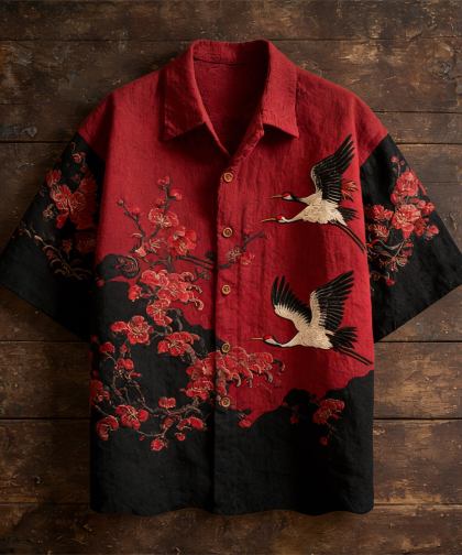 Vintage Japanese Plum & Crane Linen Short Sleeve Shirt