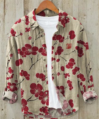Cherry Blossom Japanese Lino Art Linen Blend Shirt