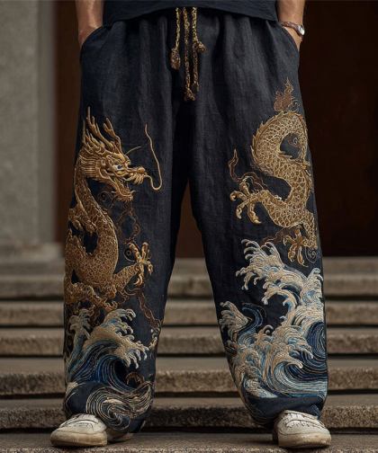 Men's Japanese Gold Dragon Sea Waves Embroidered Linen Pants