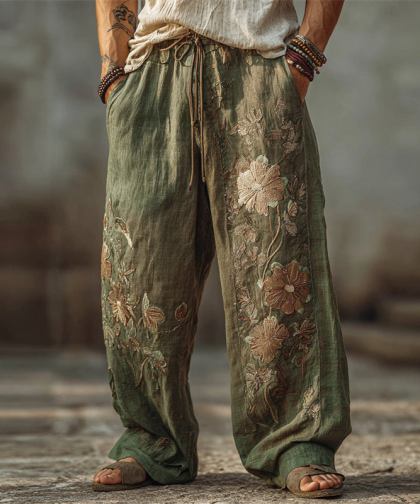 Men's Boho Floral Embroidered Wide Leg Linen Pants