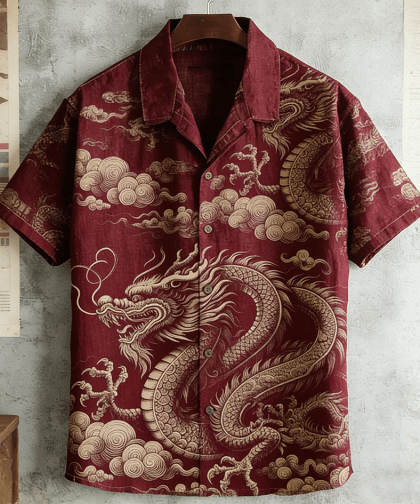 Japanese Art Retro Dragon Pattern Men's Short Sleeve Shirt