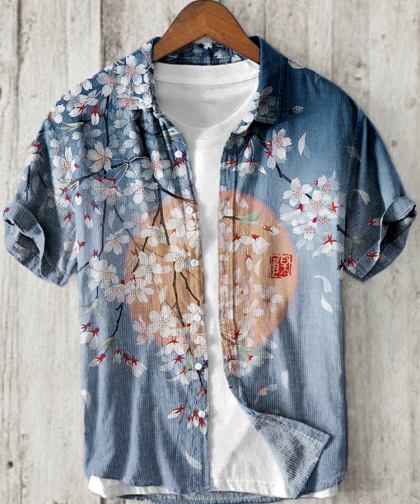 Cherry Blossom Full Moon Japanese Art Linen Blend Shirt