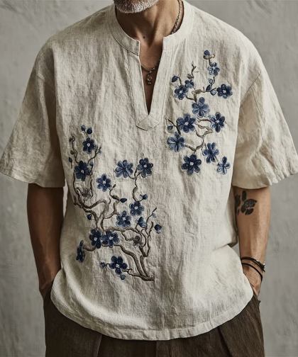 Vintage Japanese Plum Blossom Art Cozy Linen Shirt