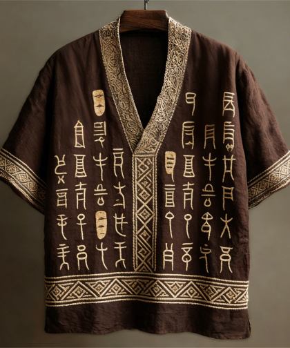 Vintage Geometric Text Art Linen V-neck Shirt