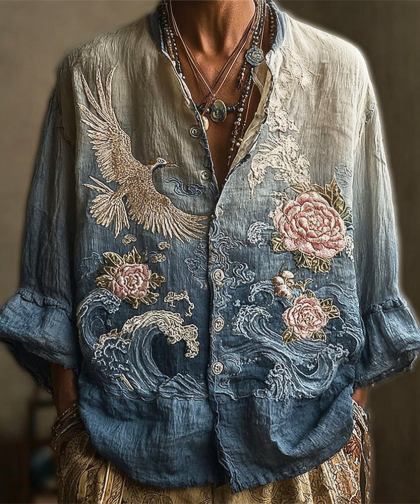 Vintage Japanese Bird & Flower Men's Linen Long Sleeve Shirt