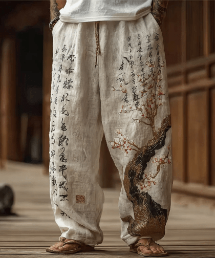Japanese Art Style Sakura And Calligraphy Pattern Leisure Linen Long Pants