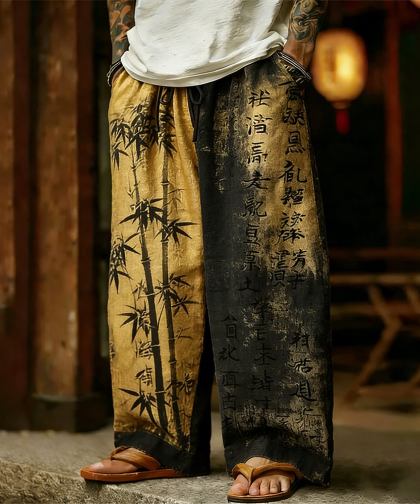 Japanese Art Ink Dyed Bamboo Print Contrasting Color Trousers
