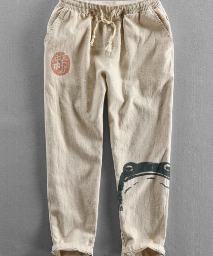 Japanese Art Frog Print Cozy Cotton Linen Pants