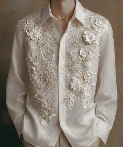 Men's Vintage Floral Lace Embroidered Linen Blouse