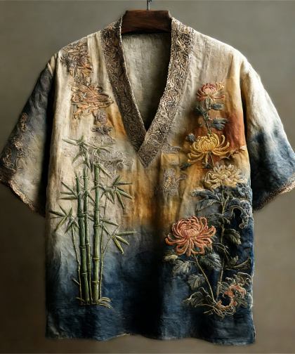 Vintage Japanese Botanical Art Linen V-neck Shirt