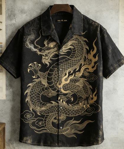 Japanese Art Retro Dragon Pattern Short Sleeve Shirt