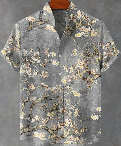 Vintage White Art Florets Print Casual Cotton Shirt