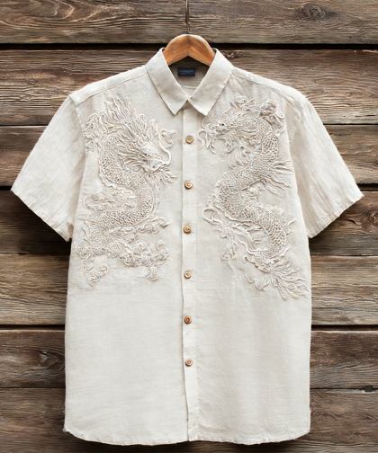 Vintage Clouds & Cranes Art Short Sleeve Linen Shirt