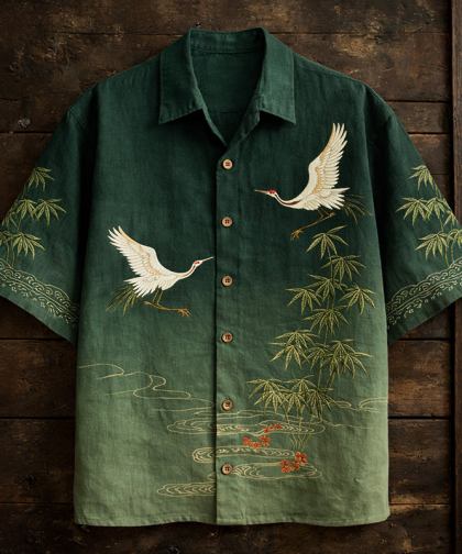 Men's Japanese-style Bamboo Cranes Pattern Linen Short-sleeved Shirt