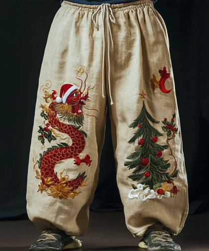 Men's Christmas Tree Holly Dragon With Santa Hat Print Casual Pants