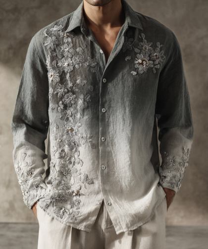 Men's Boho Floral Embroidered Gradient Linen Shirt