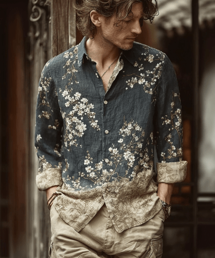 Bohemian Retro Style Floral Print Men's Long-sleeve Shirt