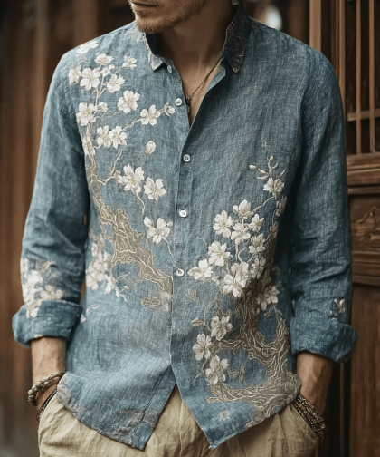 Bohemian Retro Style Floral Print Men's Long-sleeve Shirt