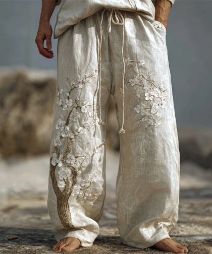 Men's White Almond Blossom Embroidered Flowy Wide Leg Linen Pants