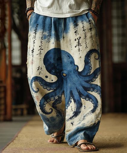 Men's Japanese Art Octopus Art Font Tie-dye Pants