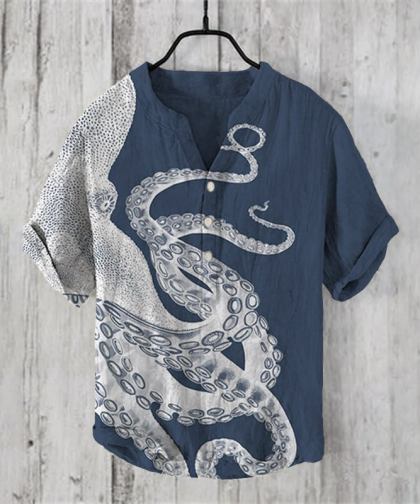 Japanese Art Octopus Graphic Printed Short Sleeve Shirt
