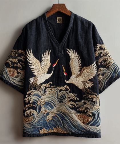 Japanese Cranes Sea Waves Embroidered Linen Shirt