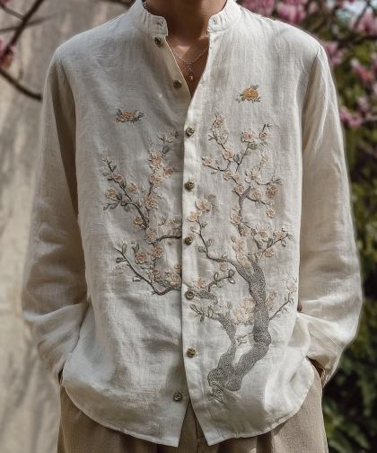 Vintage Japanese Plum Blossom Art Casual Linen Blouse
