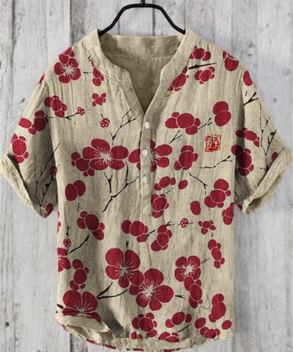 Cherry Blossom Japanese Lino Art Linen Blend Shirt
