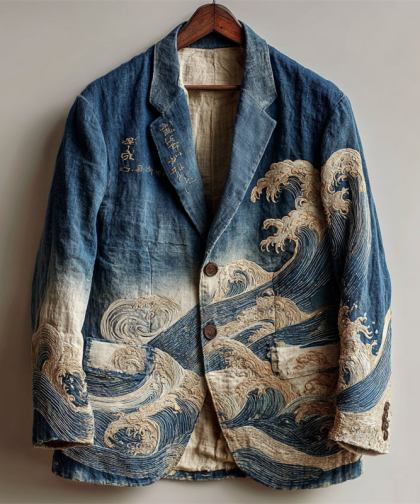 Men's Japanese Sea Waves Gradient Washed Casual Blazer