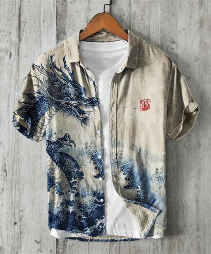 Ancient Dragon & Sea Waves Japanese Art Linen Shirt